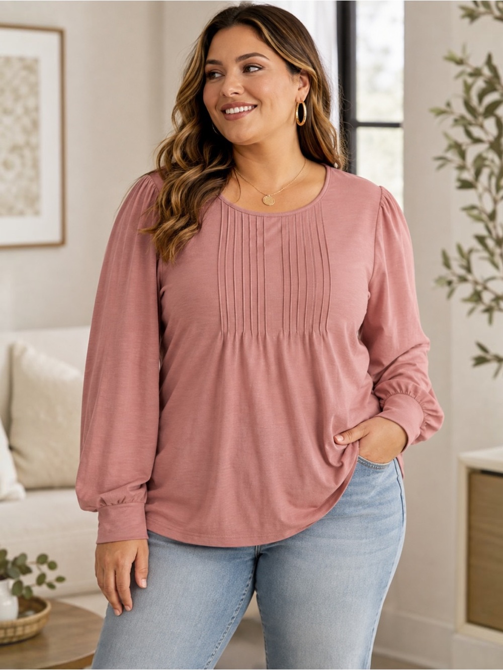 UEU Womens 3XL 24-26 Dusty Rose Pintuck Pleated Puff Sleeve Blouse NWT